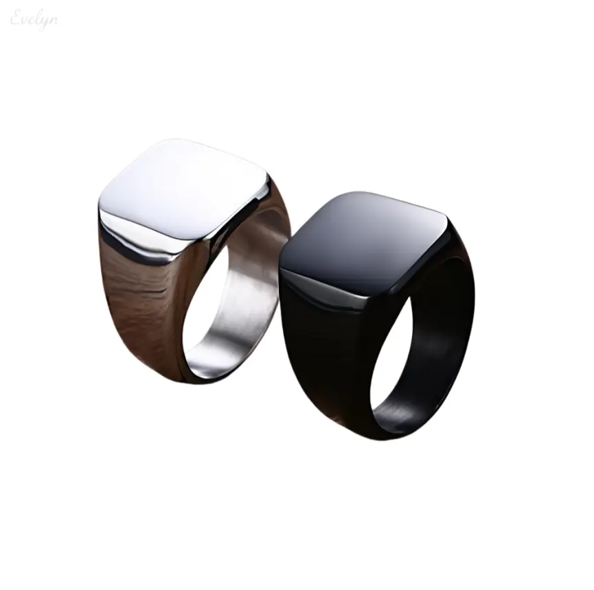 Polished Square Top Signet Ring for Men & Women, Minimalist Chunky Stainless Steel Statement Band in Gold, Silver & Black, Signet Rings, Black Rings