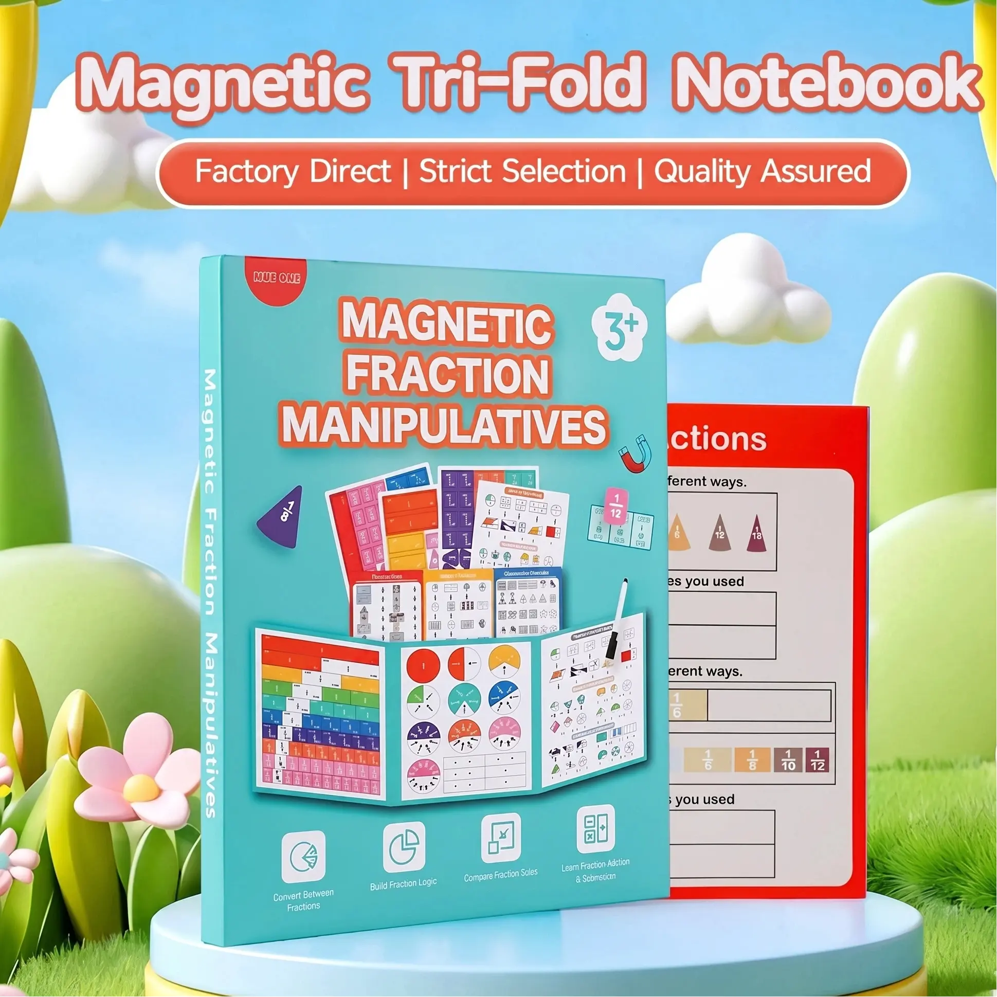 Educational Magnetic Fraction Math Manipulative Set Tri-Fold Board Book with Dry-Erase Cards, Markers & Storage Reusable Math Learning Tool for Students & Kids.
