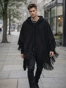 Men’s Black Hooded Fringe Cape Casual Dark Streetwear Cloak
