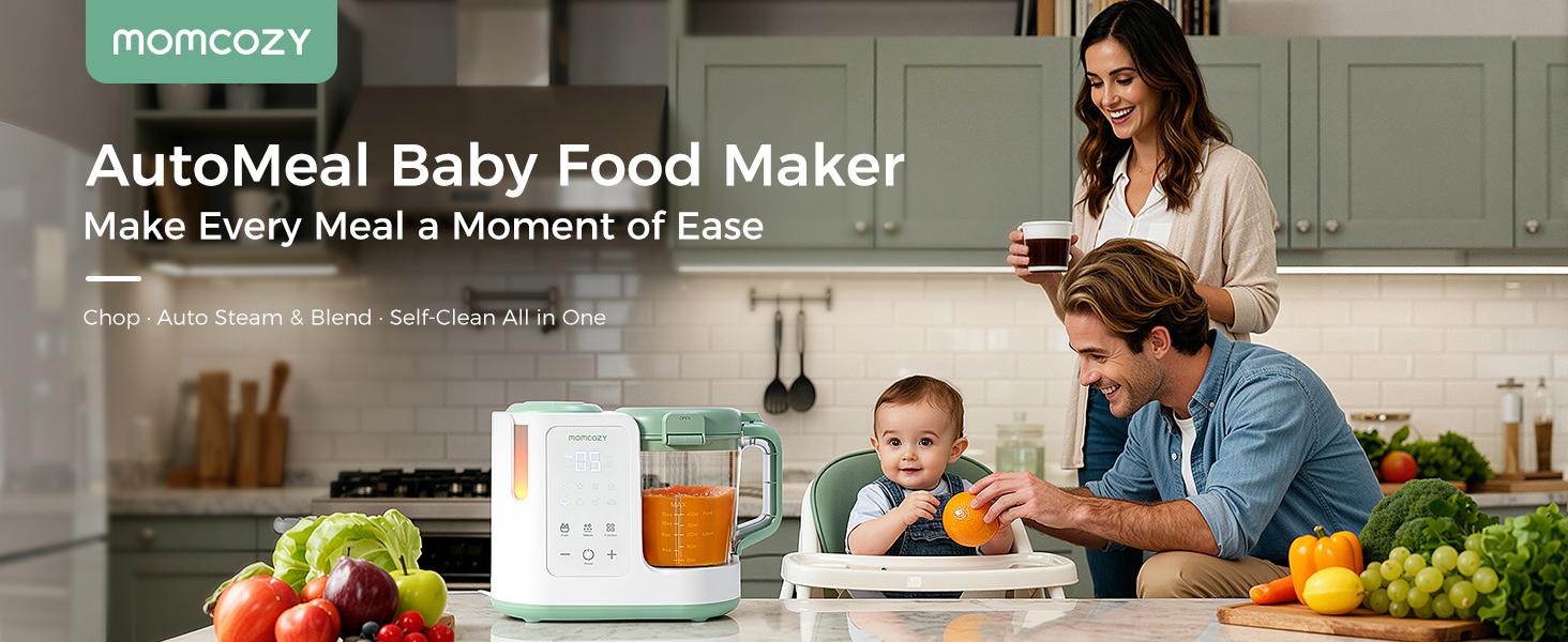 Momcozy AutoMeal Baby Food Maker – One-Step Auto Steam & Blend Food Processor, 15oz Large Cup & 6-Blade Design, Self-Cleaning, Auto 3-Stage Texture Settings for Effortless Homemade Baby Puree