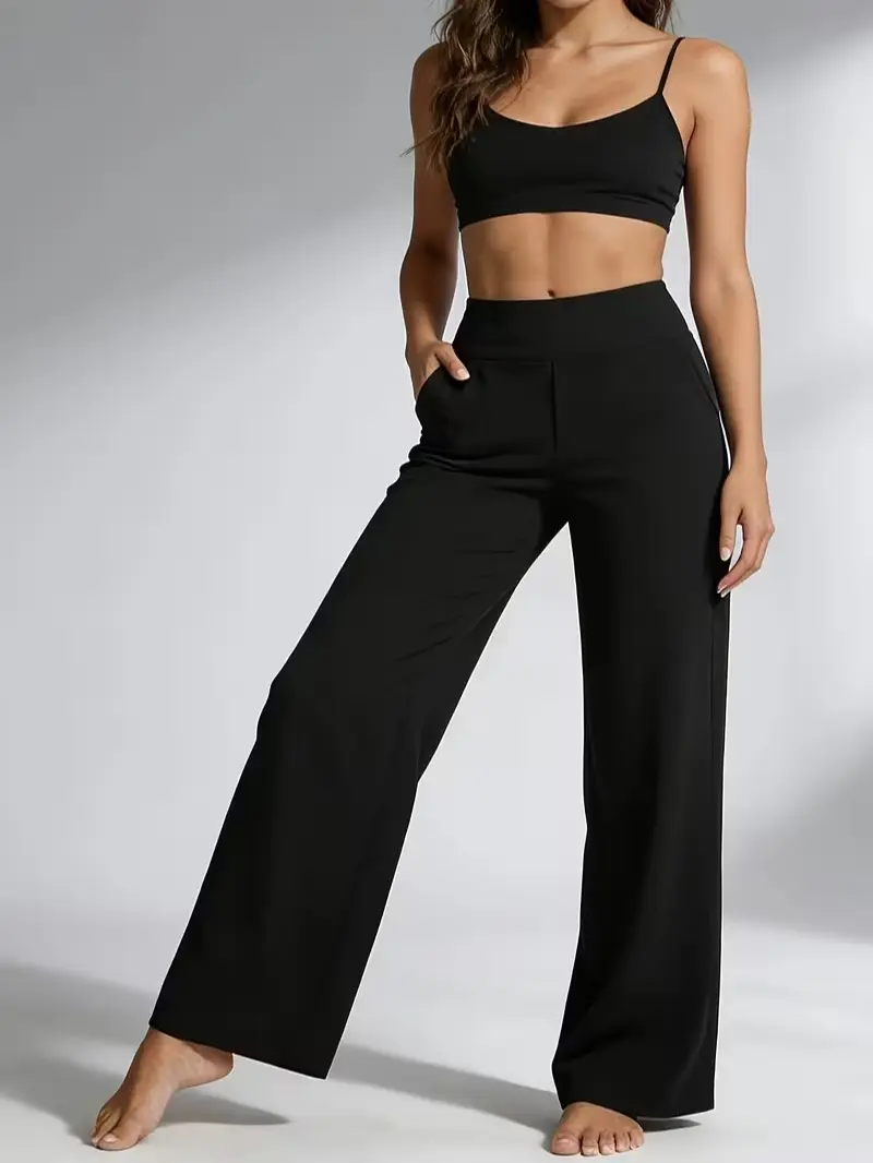 Women's high-waisted tummy control drape wide-leg pants; soft skin-friendly yoga sports pants with pockets; commuting casual straight-leg pants