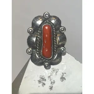 Coral ring size 6.50 Navajo leaves long sterling silver women girls