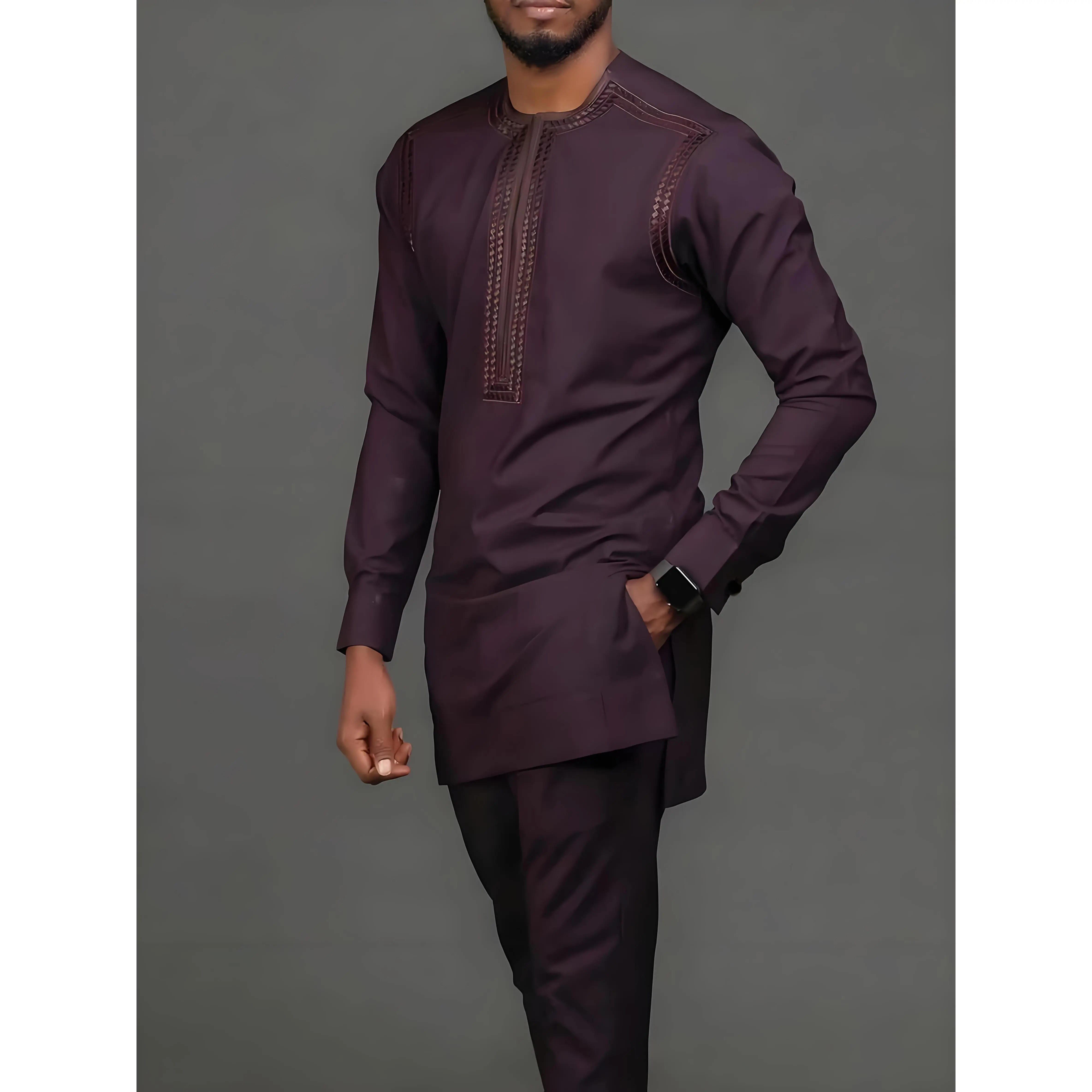 [2pcs African Ethnic Suit] 2pcs Men's African Traditional Ethnic Suit |   Long Sleeved Button Shirt & Pants Set, Dashiki & Pants, Round Neck, Embroidery, Shoulder Zipper, Pockets, Hem Split, Elastic Waist, Street Style, Party Wedding Wear, Brown