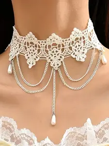 Multilayer Chain White Faux Pearl Lace Necklace For Women Girls Lace Choker Necklace Gothic Jewelry Accessories, Elegant Goth Collar Necklace for Women Halloween Cosplay, Exquisite Chain Jewelry