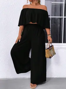 Women's Plus Size Two Piece Sets Off Shoulder Ruffle Crop Top High Waist Wide Leg Pants Matching Sets Solid Black Flowy Casual Summer Vacation Outfits Resort Wear Elegant Boho Co-ord Spring, Womenswear