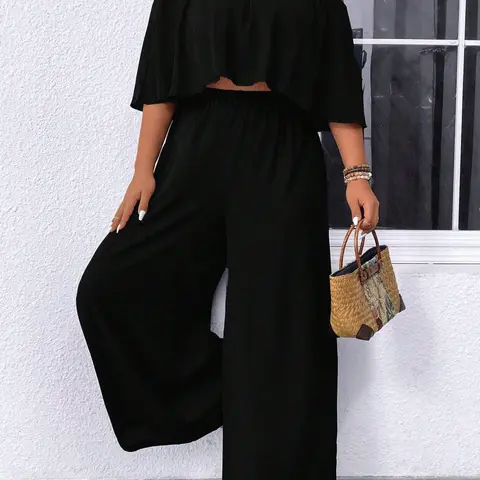 Women's Plus Size Two Piece Sets Off Shoulder Ruffle Crop Top High Waist Wide Leg Pants Matching Sets Solid Black Flowy Casual Summer Vacation Outfits Resort Wear Elegant Boho Co-ord Spring Womenswear Clothes Elegance