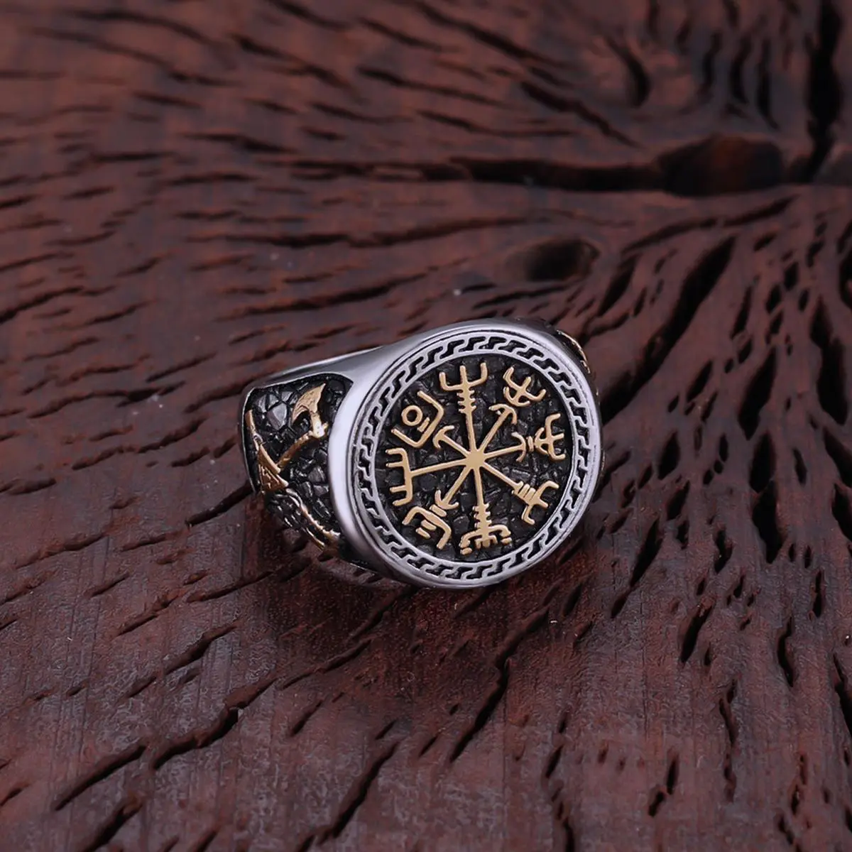 Nordic Stainless Steel Viking Compass Ring Scandinavian Warrior Weapon Axe Ring Gothic Punk Hip Hop Never Fade Jewelry