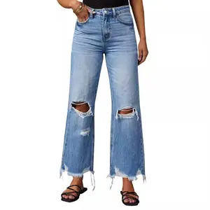 Women's Ripped Jeans High Waisted Distressed Baggy Straight Wide Leg Pants, fringed washed tie-dye high-waisted denim straight-leg trousers, personalized street style high-waisted straight-leg casual wide-leg long pants