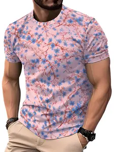 Men's Summer Casual Pink Floral Branch Print Short Sleeve T-Shirt