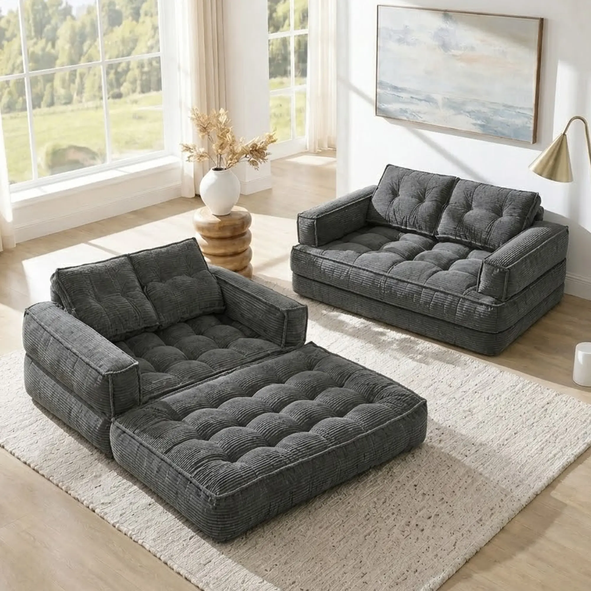 【Sub 1 packages】Niccae 51.18 Inch 2-Seater Modular Corduroy Sofa with Chaise Lounge, Dark Gray, 2-in-1 Boneless Convertible Floor Couch, Lazy Double Sofa with Armrest for Living Room Bedroom Apartment Game Guest Room