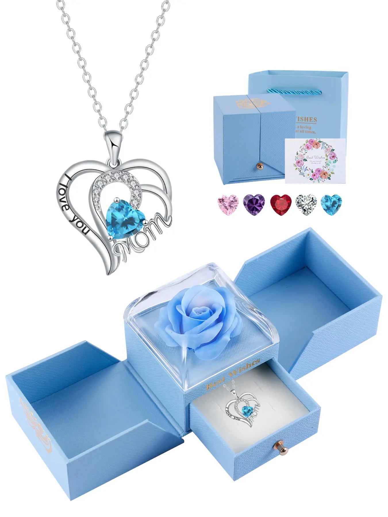 Mother's Day Gifts Heart Mom Necklace With Rose Jewelry Gift Box, I Love You Mom Dainty Heart Necklace Gift for Mother, Grandma, Heart Design Necklace