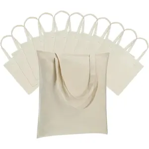 12 Pack Canvas Tote Bag - Lightweight Thin Bulk Blank Reusable Shopping Grocery Bags for DIY Gift Sublimation Activity - Beige