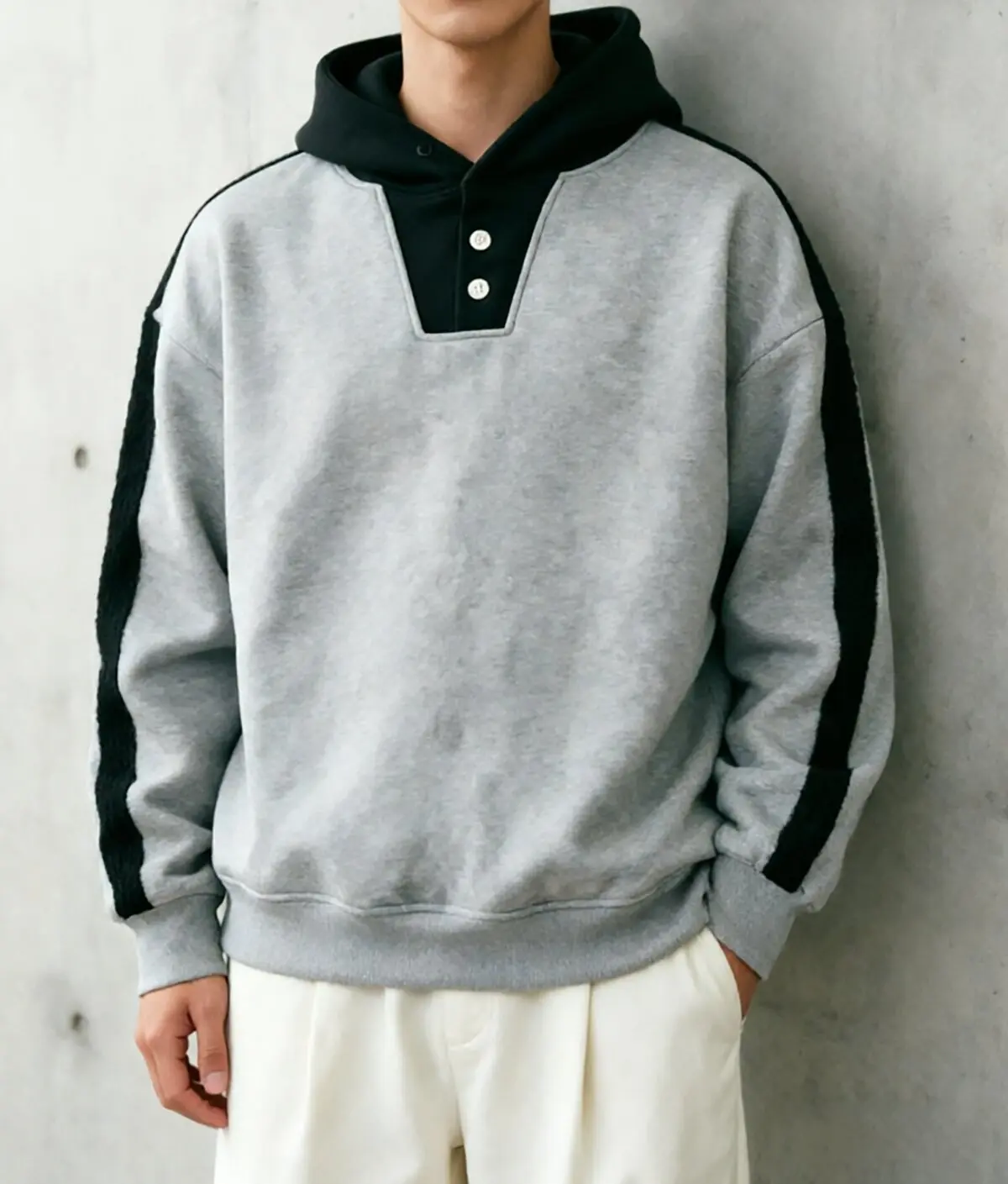 Men's Color-Block Hoodie Tops, Casual Pullover with Button Collar, Cream Hood Contrast, Striped Sleeve Edge, Soft Fabric, Streetwear Ready for Everyday Wear Detail Hoodie Long Sleeve