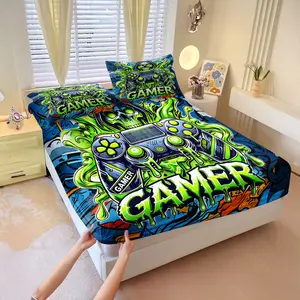 Neon Gamer Themed Fitted Sheet Set, 3Pcs, Skull & Controller Pattern Digital Print Bedding Set, Soft Microfiber, Microfiber Bed Sheets, Fade-Resistant, Ideal for Boys, Teens, Men Bedroom, Gaming Room, Includes 2 Pillowcases