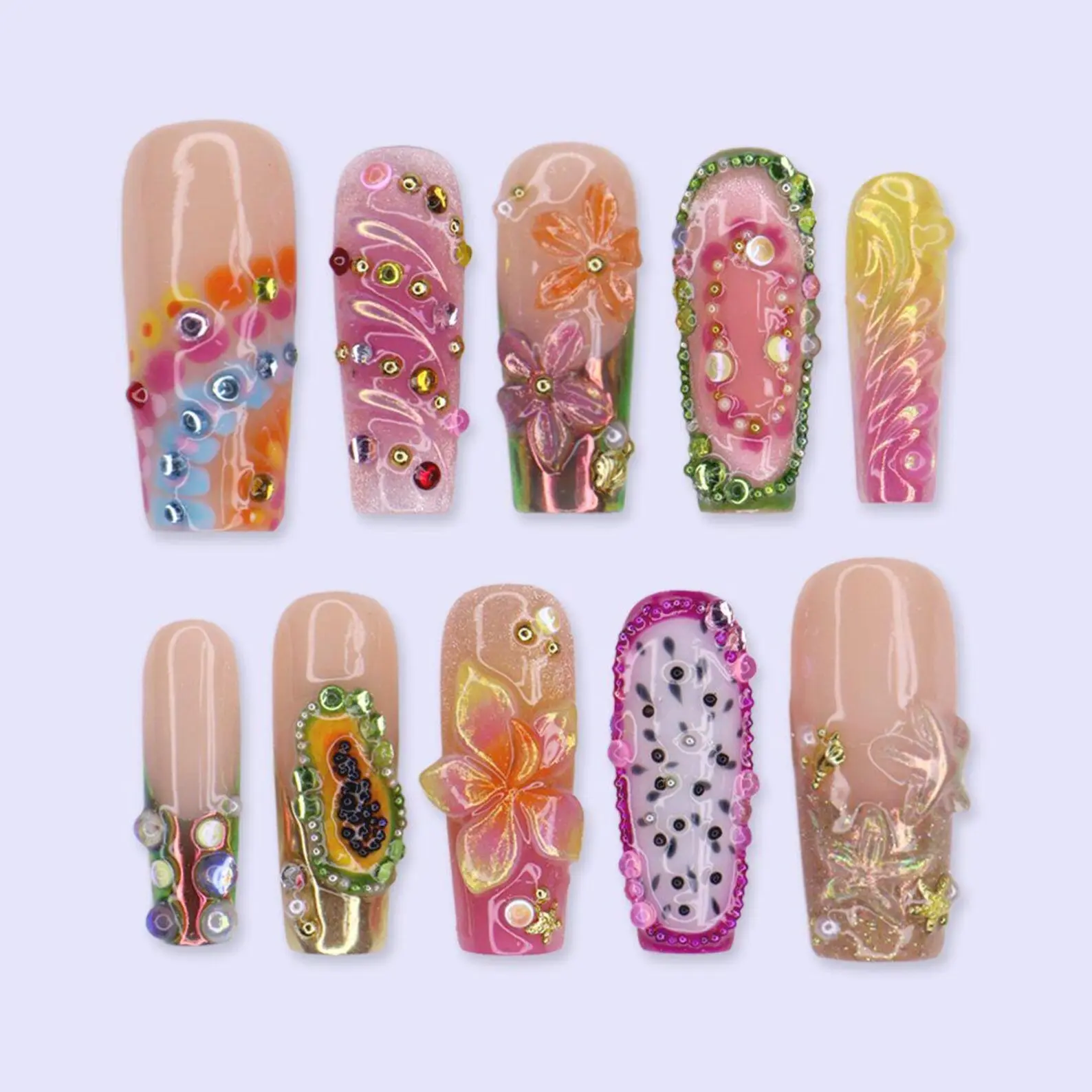 Maximal Press On Nails With Papaya, Tropical Flowers And 3D Fruit Art | Long Square Fake Nails | Handmade Nail Art For Vacation & Festivals