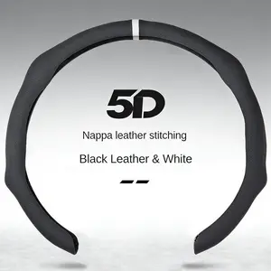 Napa Leather Steering Wheel Protector Splice Design Black & White Stitching Universal Fit Non-Slip Breathable Ultra-Thin Car Interior Kit for All Seasons