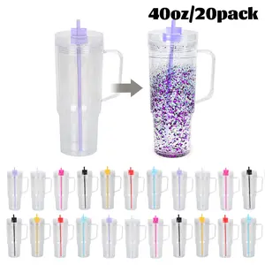 20pcs 40oz Clear Acrylic Double-Wall Snow Globe Tumbler Cups, BPA-Free Reusable Portable Water Bottles with Pre-Drilled Hole, Colored Lids & Straws, Drinkware for Glitter DIY Travel Coffee Mugs, Plastic,summerwins