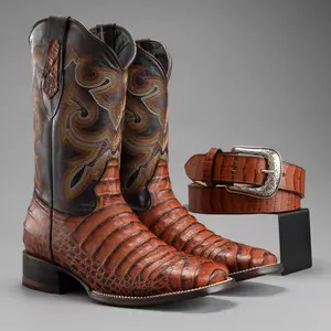 Men's Western Boots: Combo Caiman Print Square Toe Cowboy & Rodeo Boots