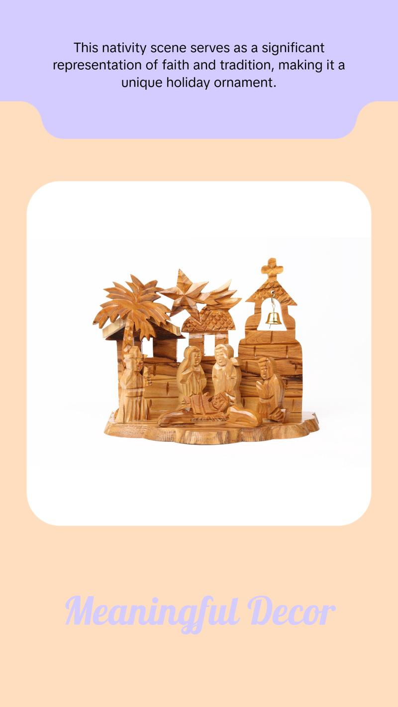 Olive Wood Nativity Scene Grotto and Church Decor Religious Handcrafted by Bethlehem Artisans 13x11CM Ornaments Wooden