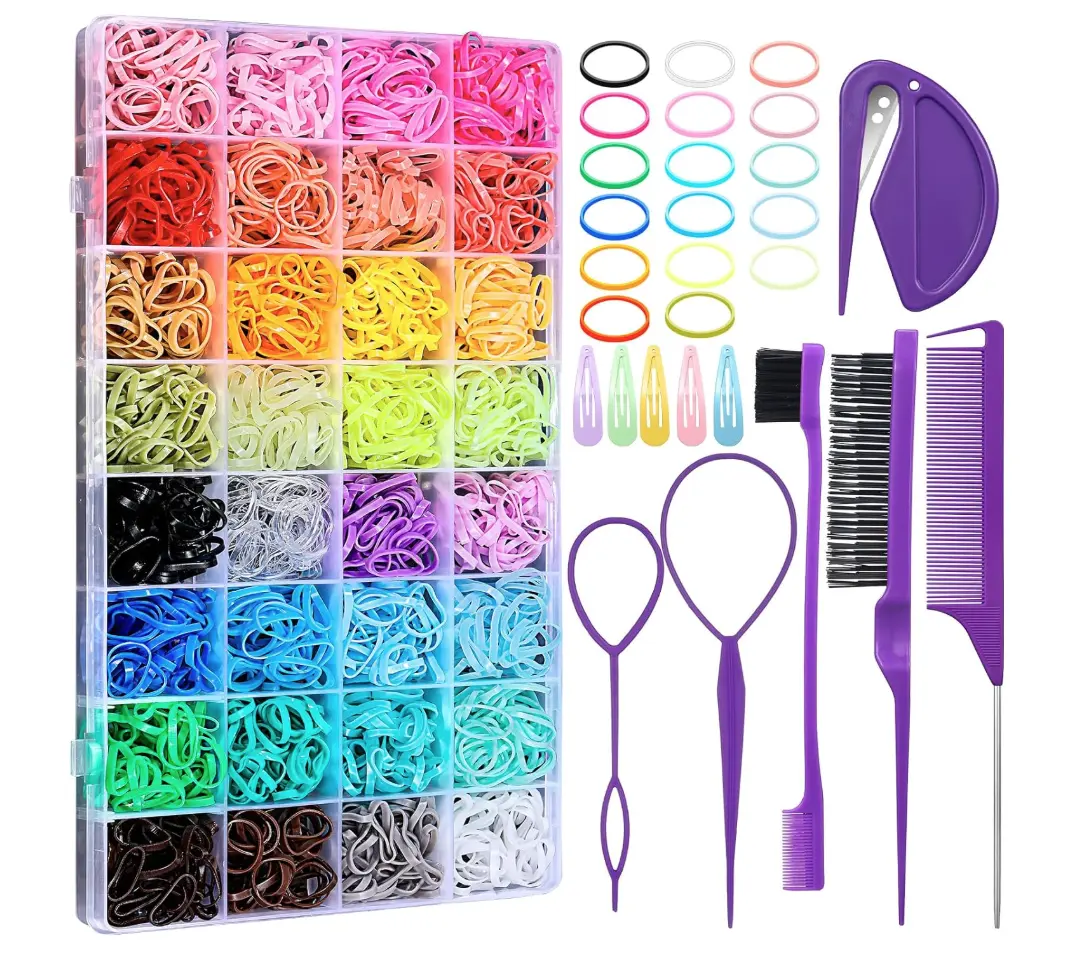 2000-Piece Small Elastic Rubber Hair Ties, 32-Color Set for Toddlers, Girls & Women with 16 Styling Tools for Braiding and Long Hair, Kids, Babies