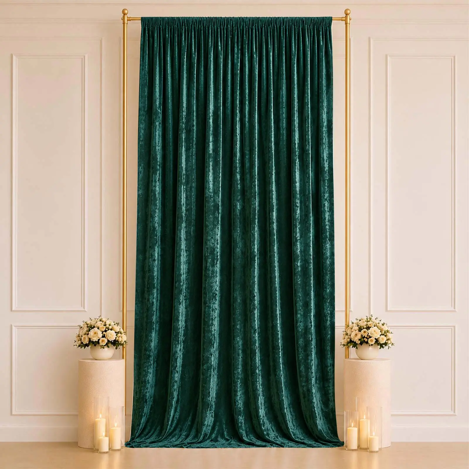 Hunter Emerald Green Premium Crushed Velvet Backdrop Curtain 5ft x 14ft – Event Drape Panel & Photo Booth Background with Rod Pocket, 70% Blackout