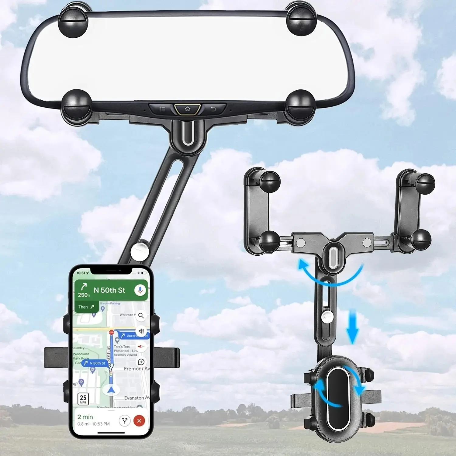 Adjustable Car Phone Holder, Mobile Car Holder, Car Cellphone Mount, Car Phone Stand, Phone Holder For Car, 360° Rotatable Rearview Mirror Phone Holder, Retractable Car Phone Navigation Bracket, Universal Car Interior Accessories