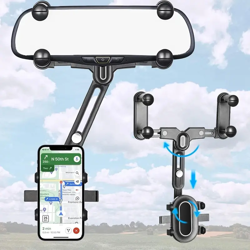 Adjustable Car Phone Holder, Mobile Car Holder, Car Cellphone Mount, Car Phone Stand, Phone Holder For Car, 360° Rotatable Rearview Mirror Phone Holder, Retractable Car Phone Navigation Bracket, Universal Car Interior Accessories