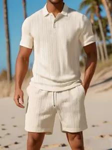 Two-piece Set Men's Solid Jacquard Short Sleeve Polo Shirt & Shorts, Regular Fit Casual Fashion Cozy Breathable Outfits for Daily Outdoor Wear, Men Clothes for Summer