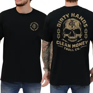 Dirty Hand Clean Money Golden Skull 2-Sides Graphics T-Shirt, Blue Collar Graphics Shirt, Graphics Tee For Working, Men's Gifts, Casual Menswear, For Men boyfriend  tees