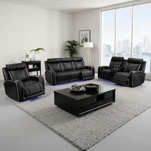 Power Recliner Sofa Set with LED,Leather Reclining Loveseat Couches with Drop-Down Table,Living Room Furniture Sets,Reclining Leather Couch Set with Cup Holders for Home