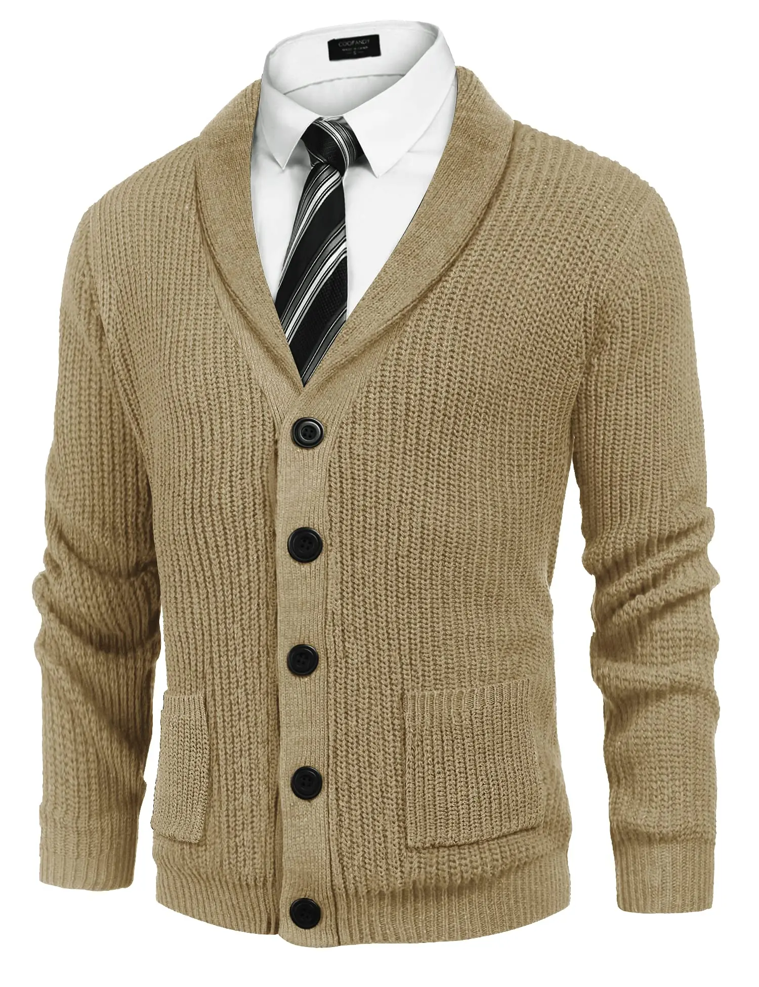 COOFANDY Men's Shawl Collar Cardigan Sweater Slim Fit Cable Knit Button up Sweater with Pockets