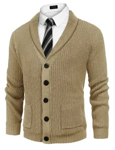 COOFANDY Men's Shawl Collar Cardigan Sweater Slim Fit Cable Knit Button up Sweater with Pockets