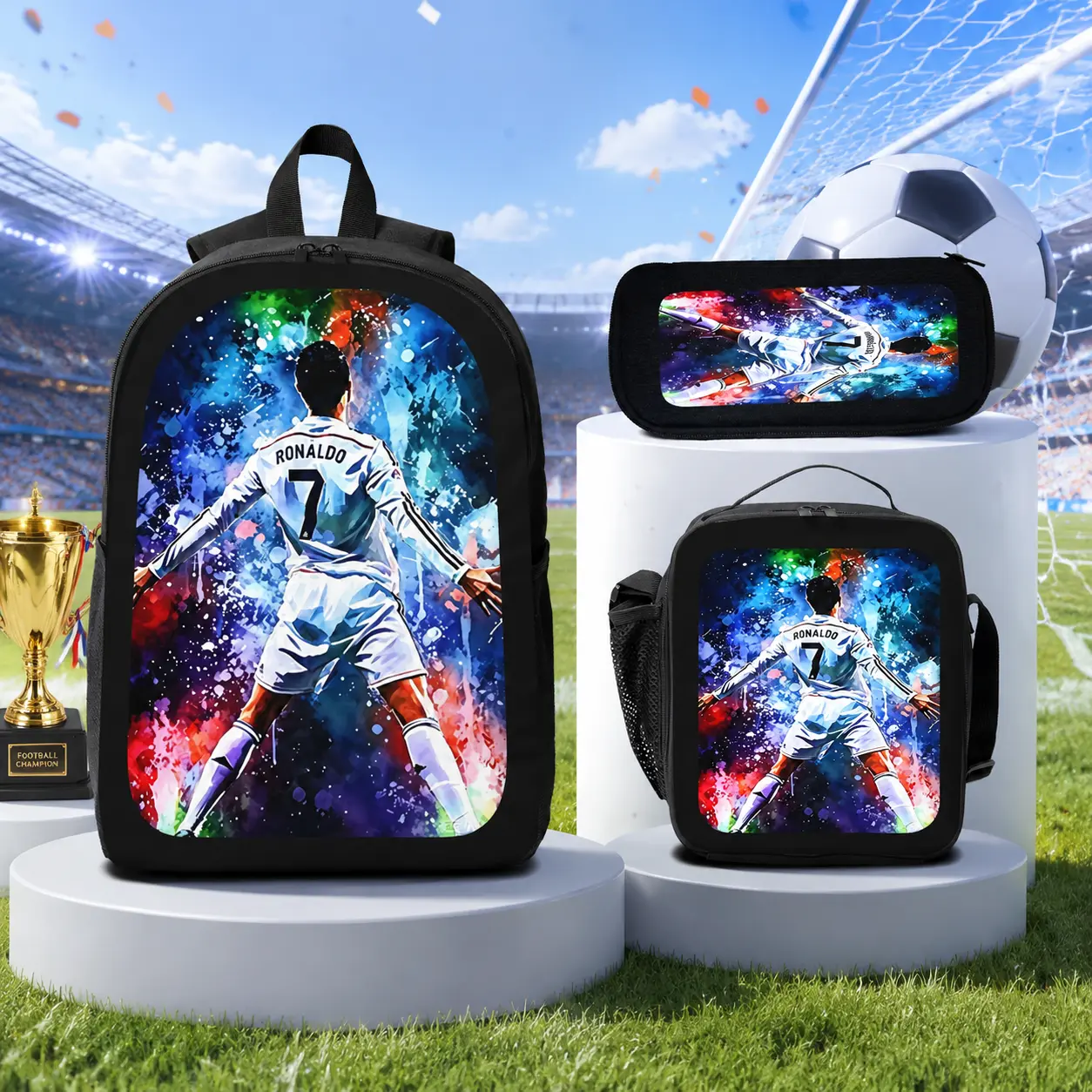 CR7 Football Player Pattern Printed 17-Inch 3-Piece Backpack Set - Sports School Backpack, Lunch Bag, Pencil Case for Students, Casual Travel Gift