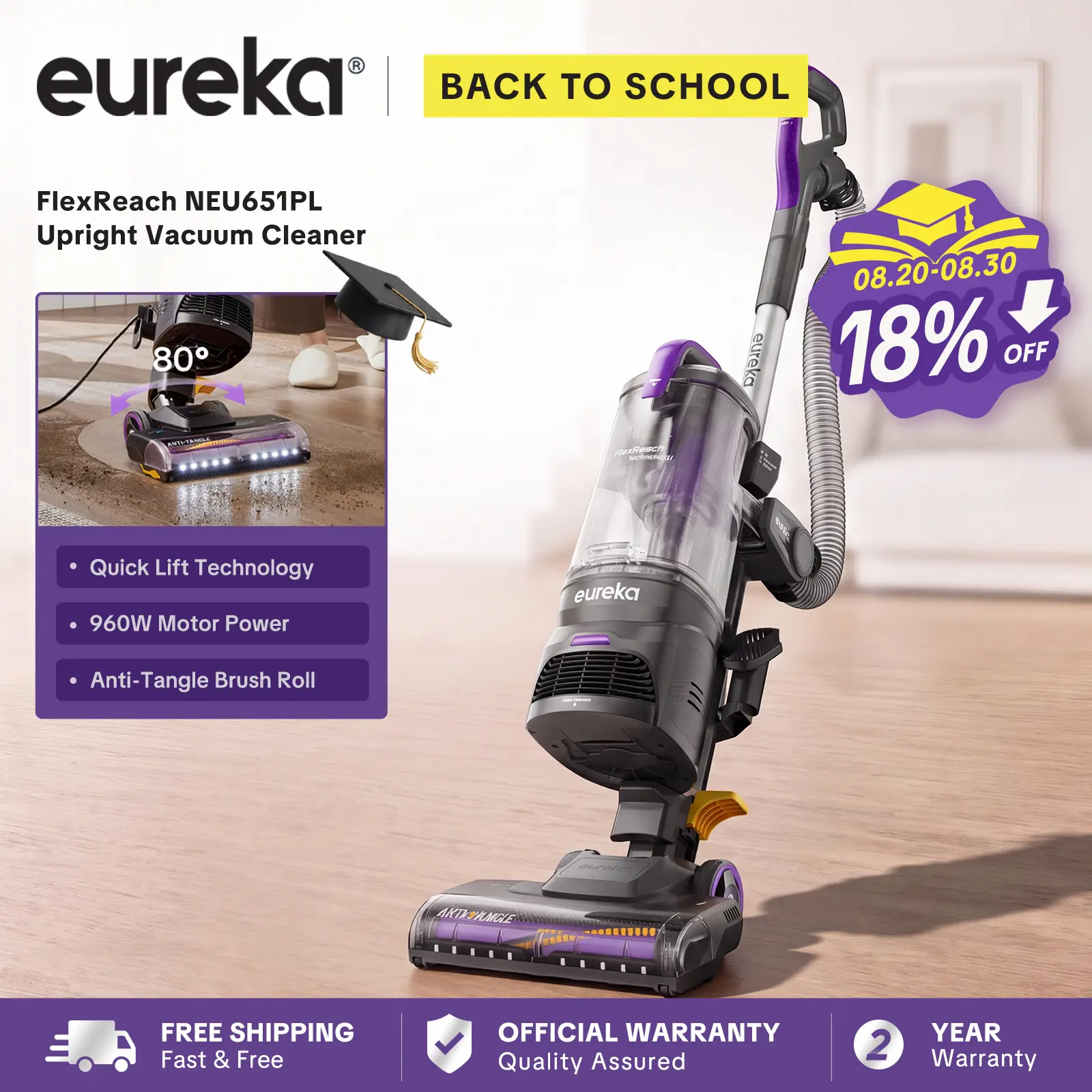 Eureka FlexReach NEU651PL Upright Vacuum Cleaner with Lift-Up Pod & Anti-Tangle Brushroll for Carpet & Hard Floors, Purple, 960W Motor, Deep Cleaning, Jumpstart Sale, Powerful Suction, Flexible Design