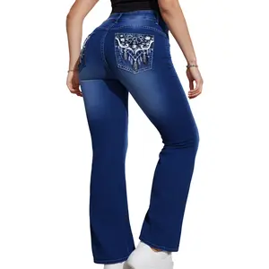 Plus Size Women's Blue Denim Flare Pants | High Waist Elastic | Feather Pattern Embroidery Back Pockets | Elegant Vintage Style | Comfortable Fashionable Versatile Jeans