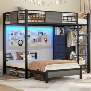 ADORNEVE Bunk Bed Twin Over Twin Size with 8 Drawers and Led Lights Metal Kids Loft Bed with Storage Shelves and Safety Guardrail & Ladder
