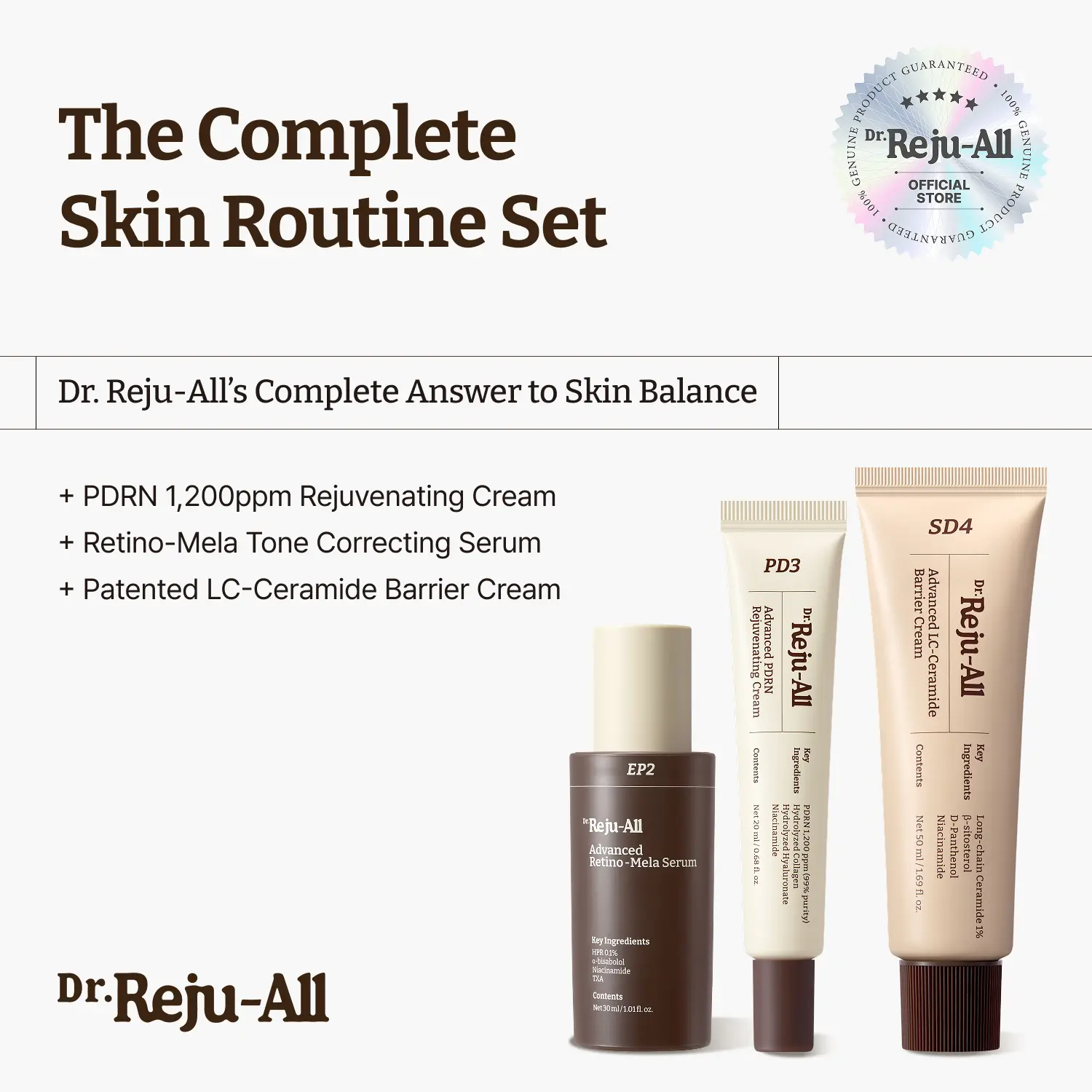 [Official]Dr.Reju-All The Complete  Skin Routine Bundle -  Advanced Rejuvenating PDRN Cream + Retino-mela Serum + LC-Ceramide Cream, Sensitive, Lightweight, Skin Kit, Daily