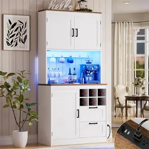 Unikito 72" Tall Pantry Cabinet, Kitchen Pantry Storage Cabinet with LED Light & Outlet, Kitchen Hutch Bar Cabinet with Microwave Stand, Wine Rack, Drawers and Shelves, Cupboard for Dining Room