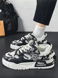 Unisex Beige-Blue Color-Block Paisley Sneakers: Thick Height-Increasing Sole + Breathable Mesh, Daily Street Trendy Shoes