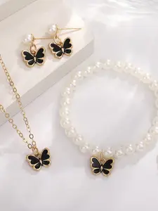 Pearl Butterfly Jewelry Set, Dripping Oil Butterfly Pendant Necklace Bracelet Earrings, Women's Accessories Wholesale, Fashionable Jewelry Set