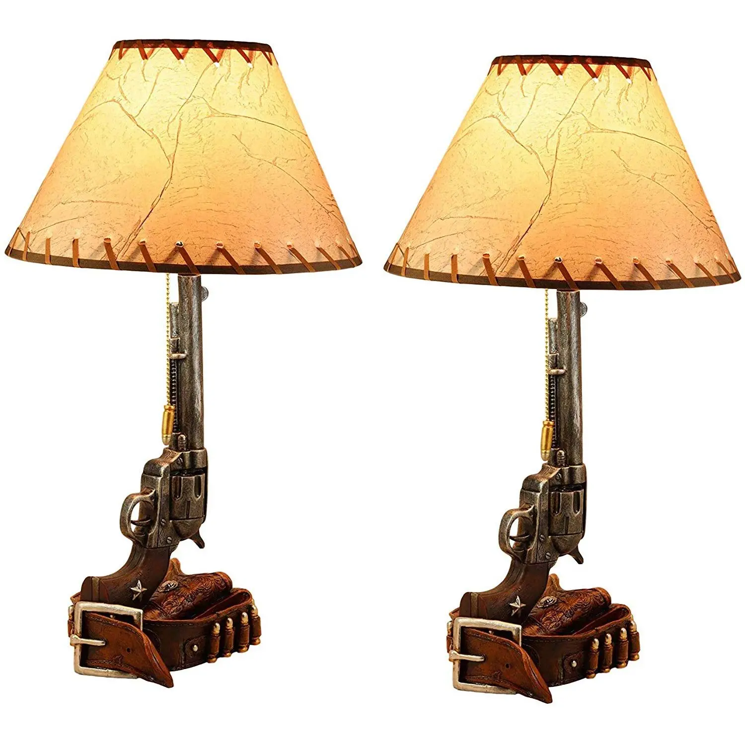 Ebros Western Revolver Bedside Table Lamp with Shade 20.5"Tall (Set of 2)