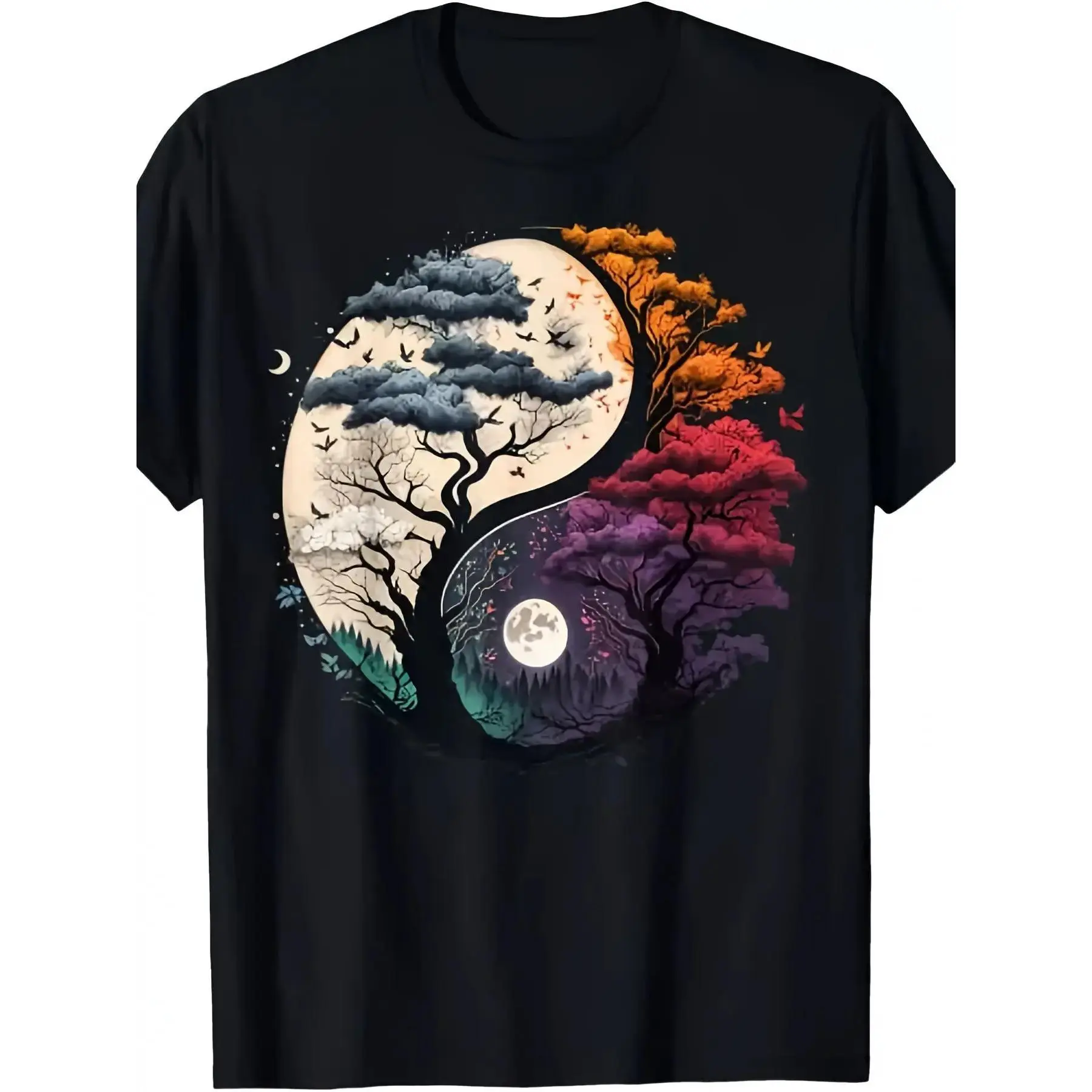 Yin Yang Tree of Life T-Shirt, Four Seasons Moon & Sun Graphic Tee, Zen Nature Balance Art Shirt, Spiritual Boho Casual Top, Colorful Forest Yin Yang Design for Nature Lovers