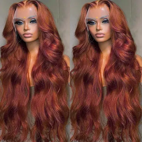 Bling Hair Female Dark Ginger Brown 13x4-13x6 Transparent HD Lace Front Wigs Human Hair, 180% Density Body Wave Pre-Plucked Heat Resistant Reddish Brown Pre-Plucked Wig (Back to School)