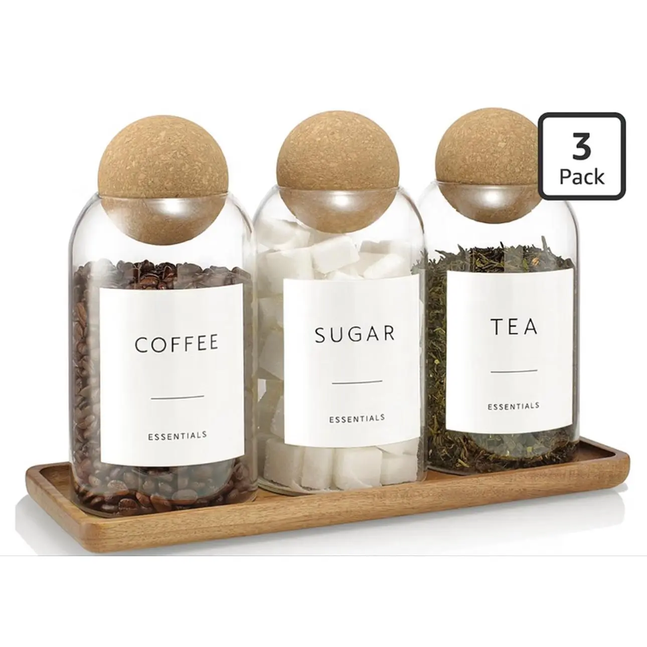3 Pack Coffee Sugar Tea Container Set 27oz Glass Jars with Cork Ball Lids Decorative Coffee Bar Containers with Acacia Tray Cute Glass Storage Jars Sugar Holder