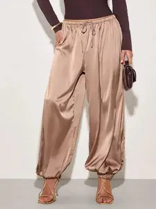 Women's Satin Smooth Belted Pleated Wide Leg Loose Harem Pants, Drawstring Waist, Adjustable, Comfortable, Stylish and Elegance, Perfect for Casual Wear