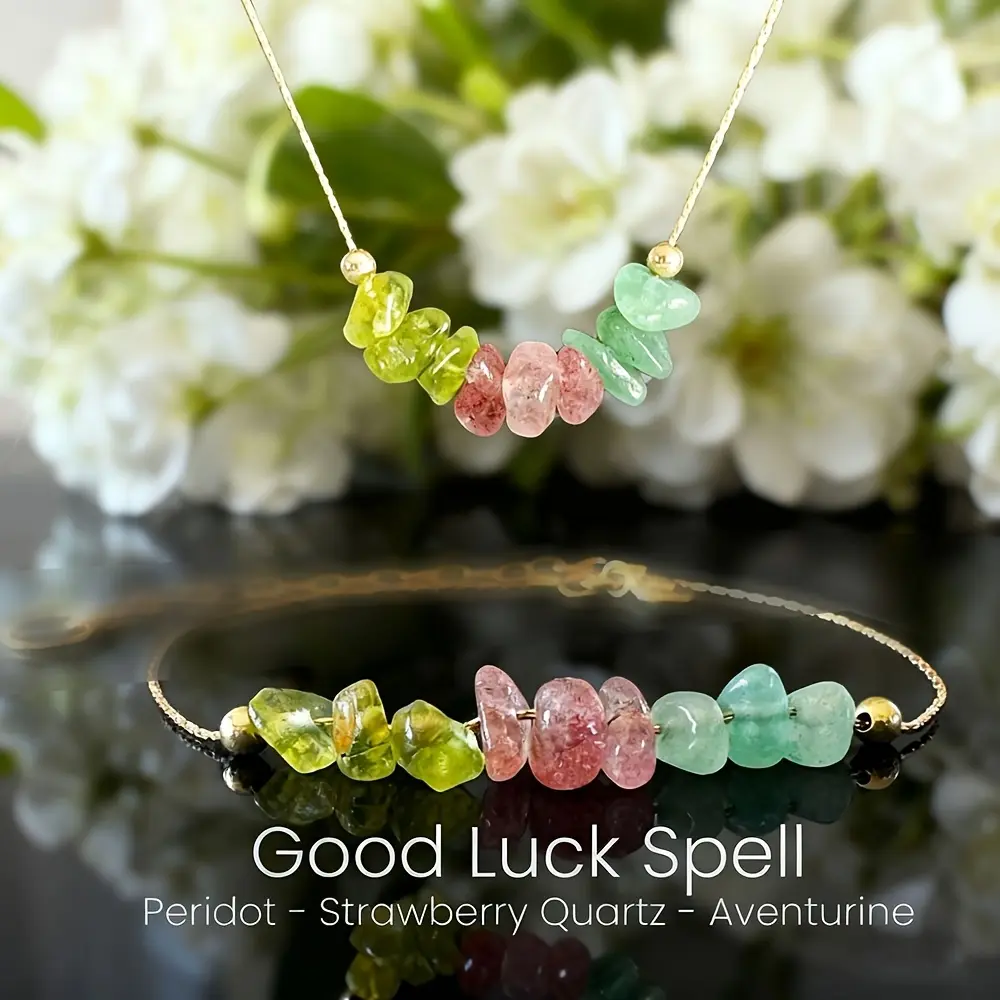 Set of 2 Good Luck Natural Crystal Jewelry Set, Peridot & Aventurine Luck Spell Stone Necklace & Bracelet, Adjustable Golden Charm Minimalist Jewelry Gift