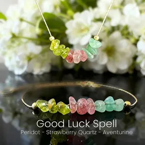 Set of 2 Good Luck Natural Crystal Jewelry Set, Peridot & Aventurine Luck Spell Stone Necklace & Bracelet, Adjustable Golden Charm Minimalist Jewelry Gift