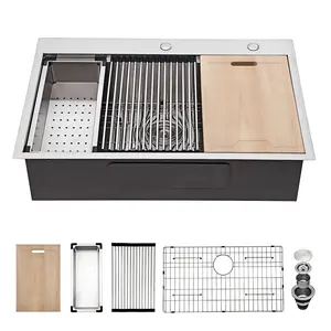 HOMEMYSTIQUE Drop-in 33-in x 22-in Stainless steel Single bowl 16 -Gauge Workstation Kitchen Sink with Drainboard