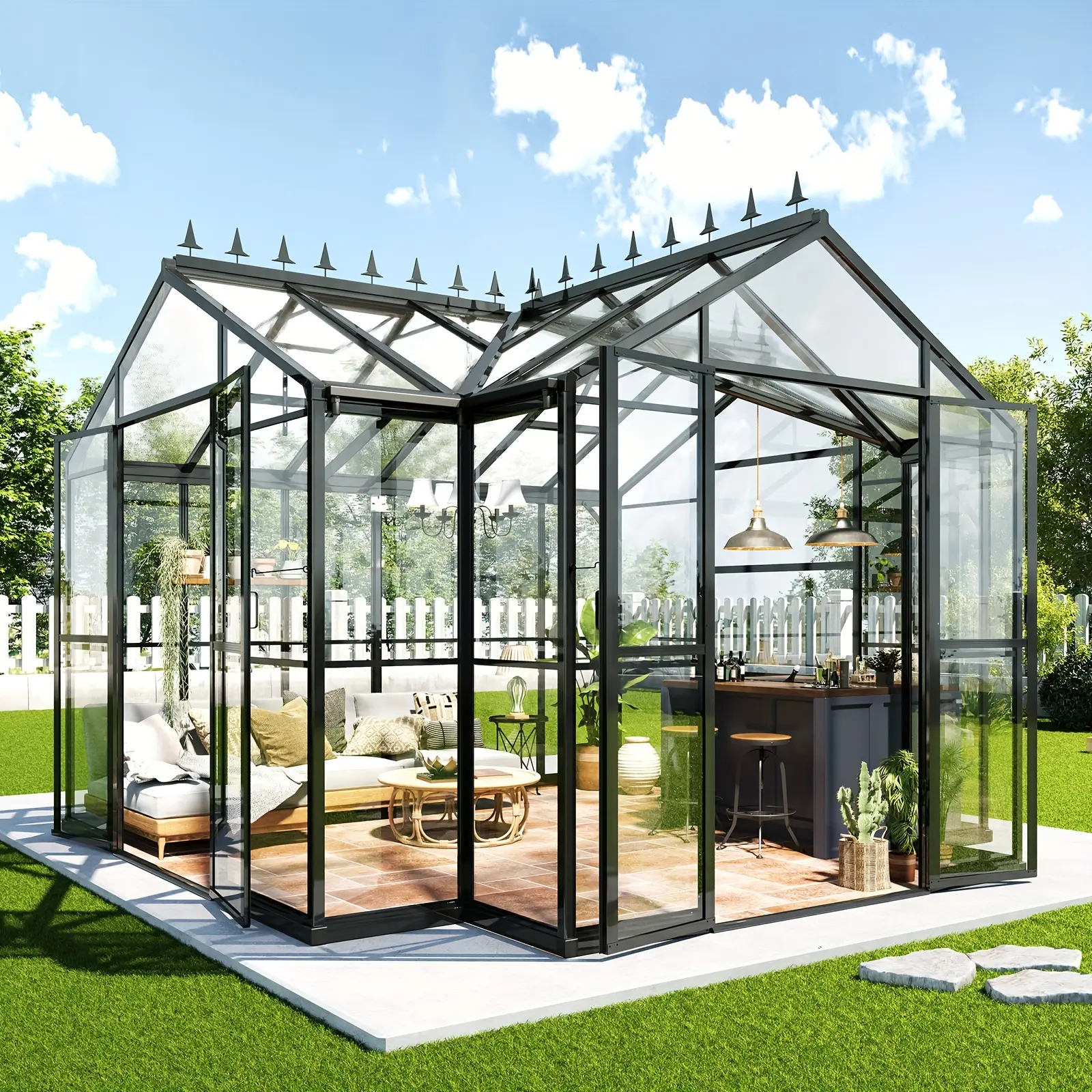 12x10x8ft Chalet Greenhouse with Quick-Connect Fittings, Greenhouses for Outdoors Garden Backyard with 2 Vents, Walk-in Aluminum Greenhouse with 2 Hinged Doors, Black