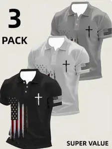 3-Pack Men's Short Sleeve Polo Shirts, Anniversary Pattern Collar, Casual Sporty Style, Ideal for Golf Clothing and Casual Wear, Lightweight Breathable Polyester Fabric